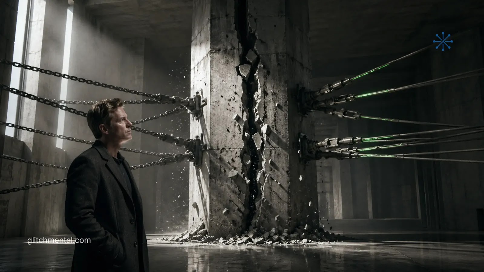 Musk vs Altman juicio OpenAI 2026: estructura de concreto fracturada por fuerzas opuestas con tensores