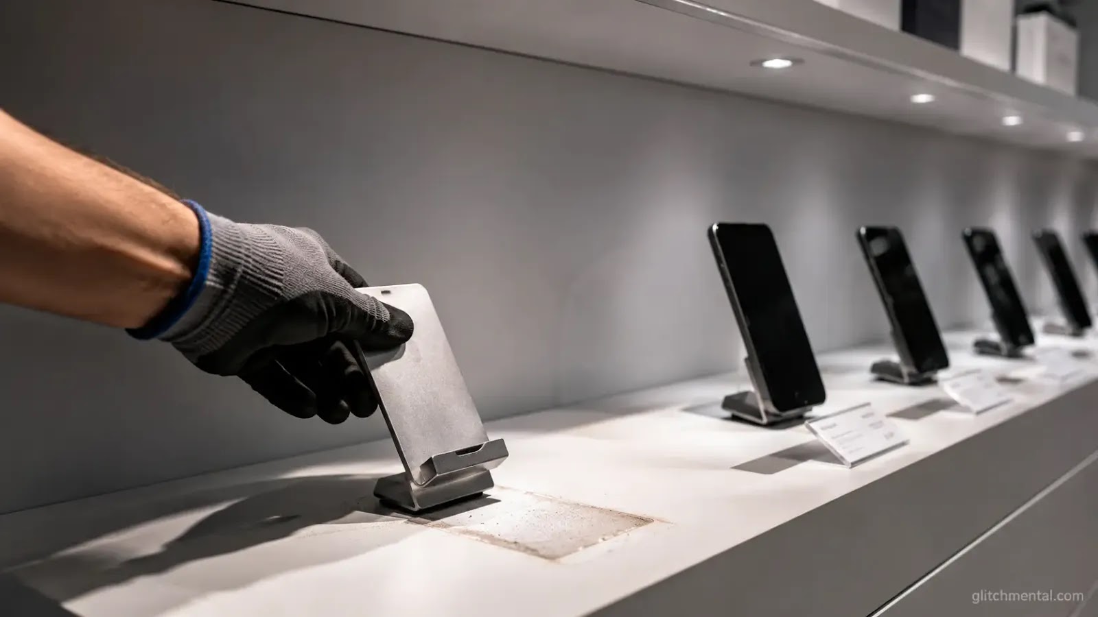 MWC 2026 marcas chinas: soporte de exhibición vacío siendo retirado de estante de smartphones en showroom tecnológico