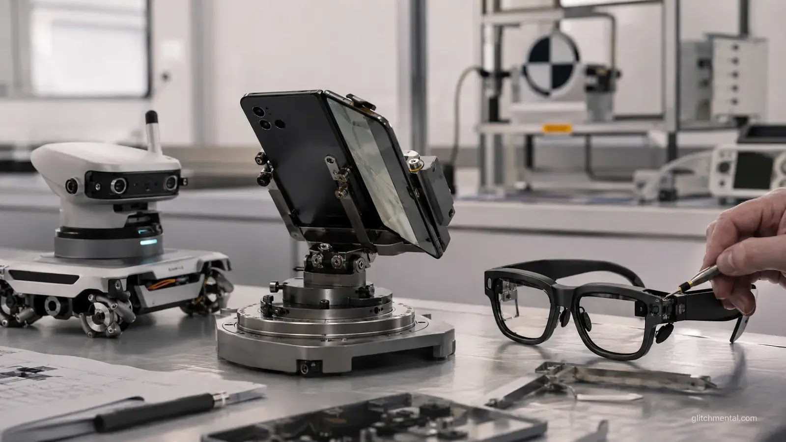 MWC 2026 tecnología: tres dispositivos en transición simultánea sobre mesa de laboratorio — teléfono rotando, gafas y unidad autónoma
