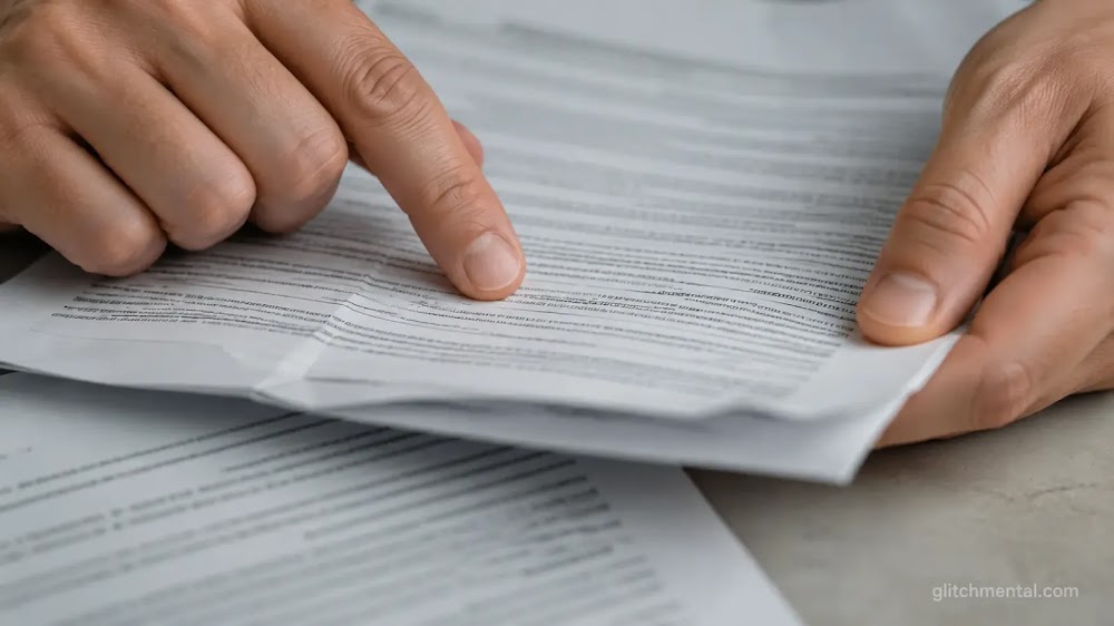 Mythos regulación IA: manos sosteniendo documento impreso con dedo detenido en línea específica sobre superficie neutral
