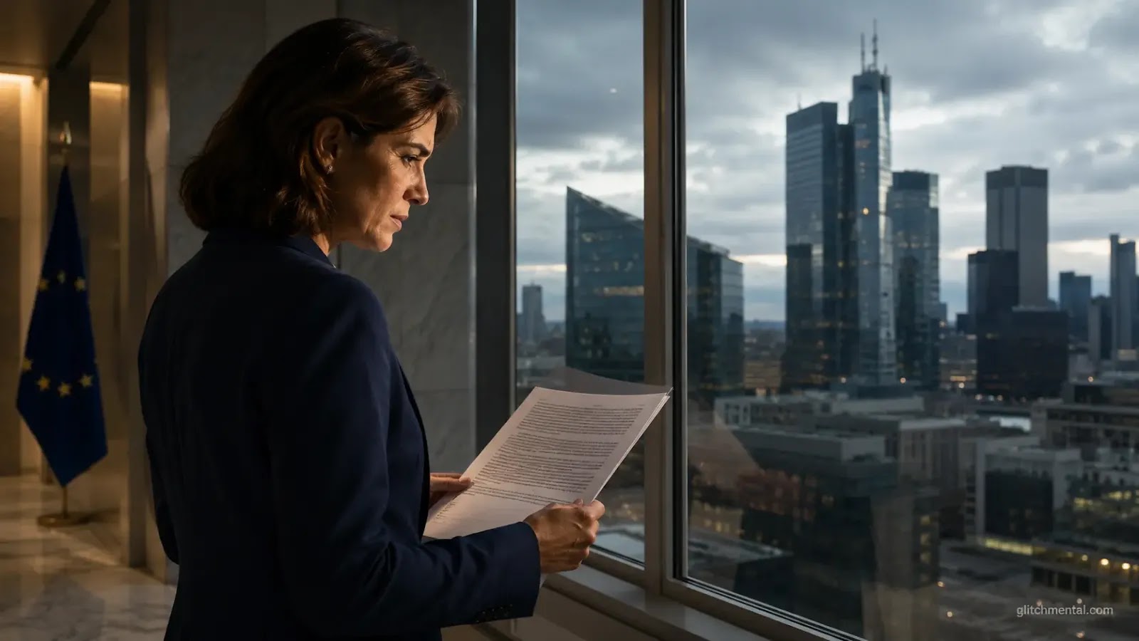 Mythos IA regulación: mujer con documento impreso frente a ventana institucional con skyline financiero al fondo