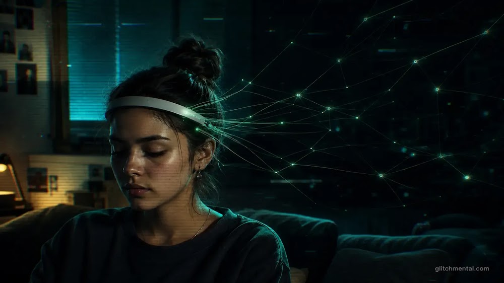 Neurodatos: mujer en una sala con diadema conectada a red de hilos de luz dispersos, mercado de datos cerebrales sin regulación