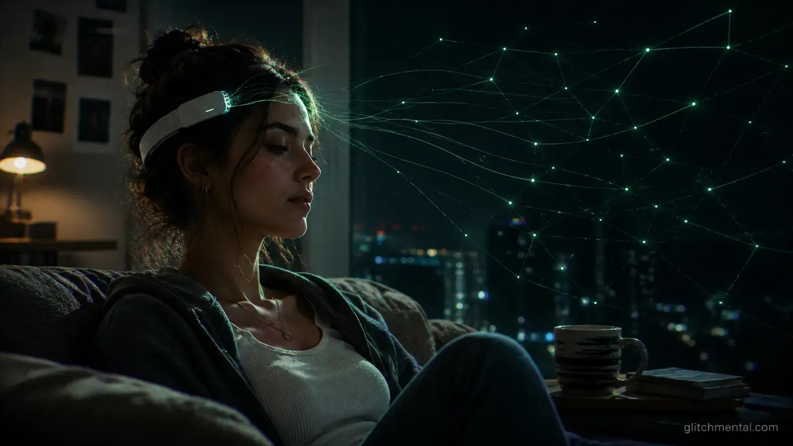 Neurodatos: mujer con diadema de bienestar conectada a red de hilos de luz dispersos, mercado de datos cerebrales sin regulación