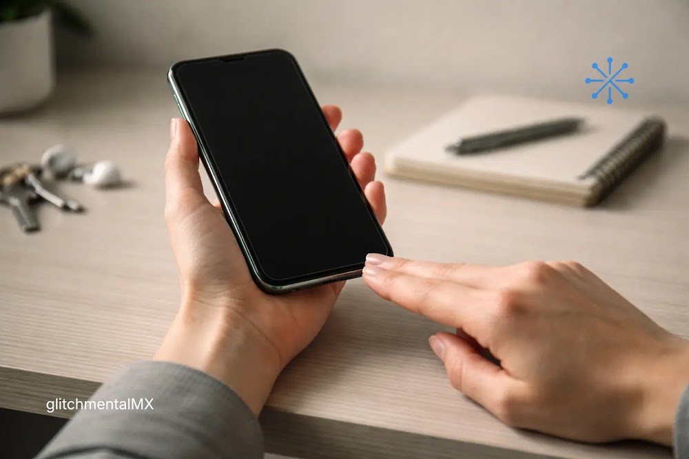 nomofobia ansiedad celular: mano a punto de tocar smartphone con pantalla apagada sobre escritorio con llaves y libreta