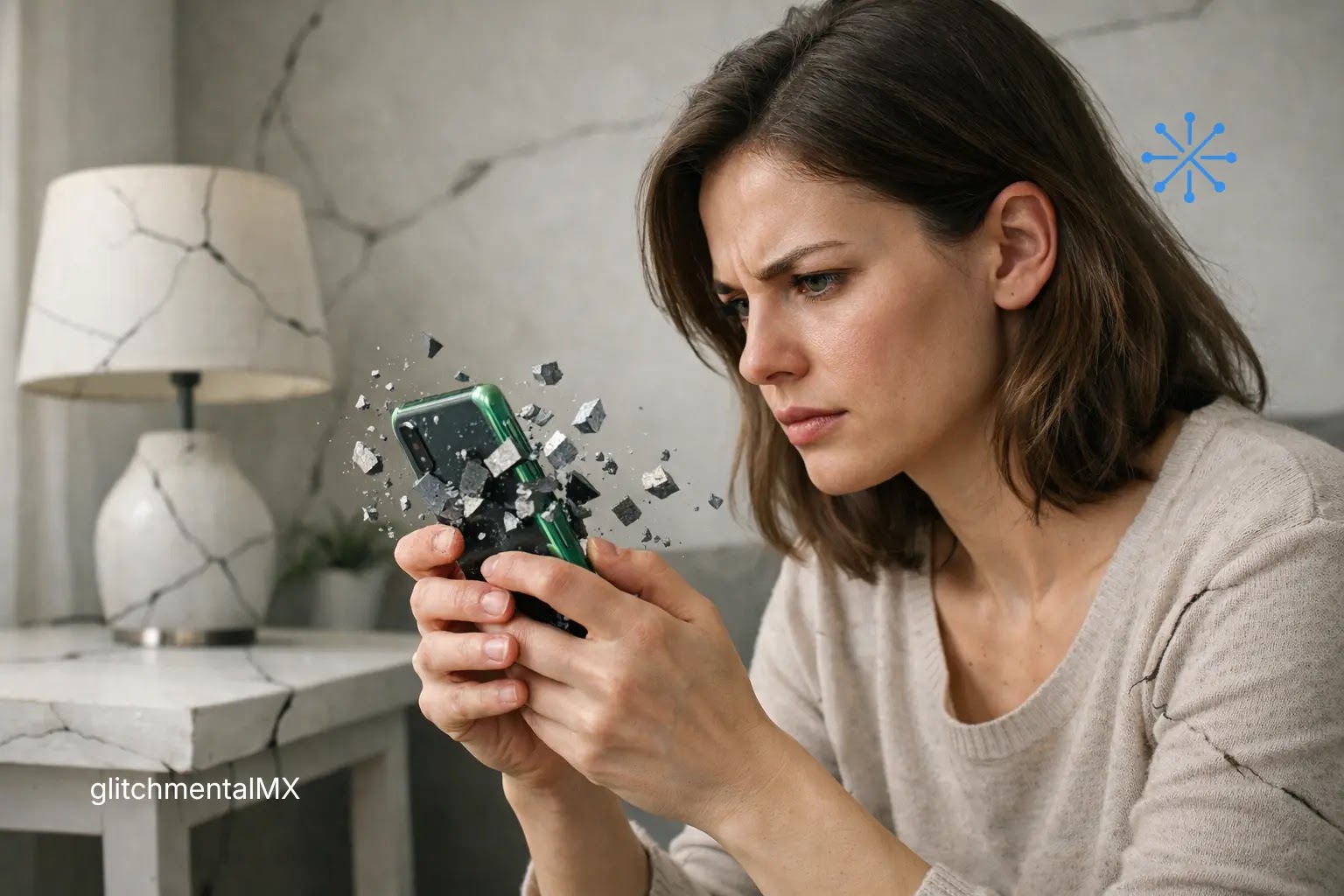nomofobia ansiedad celular: mujer sosteniendo smartphone que se rompe en fragmentos con grietas en pared de fondo