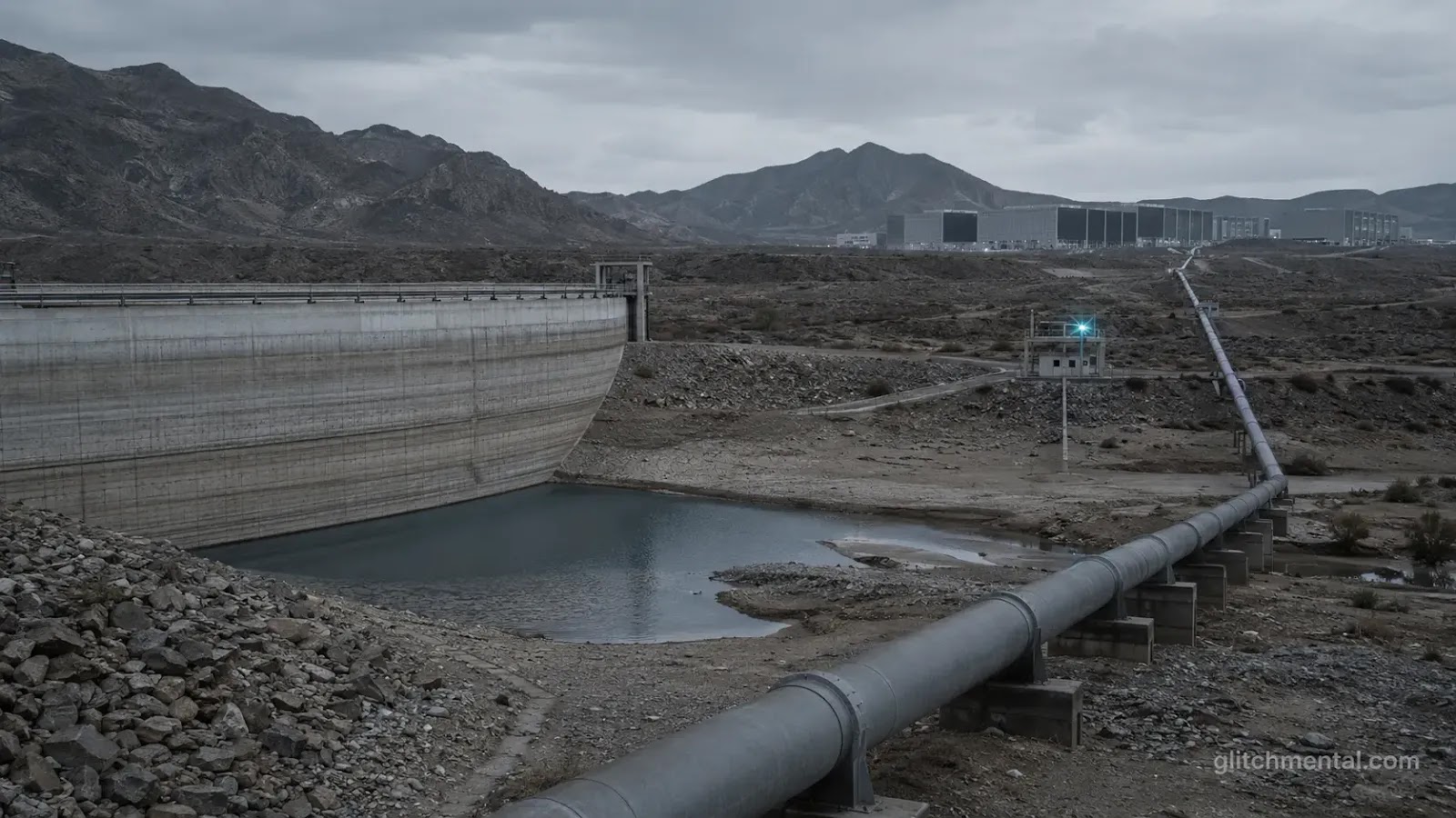 Presa con nivel de agua visiblemente bajo en Nuevo León, con tubería industrial hacia infraestructura de centros de datos