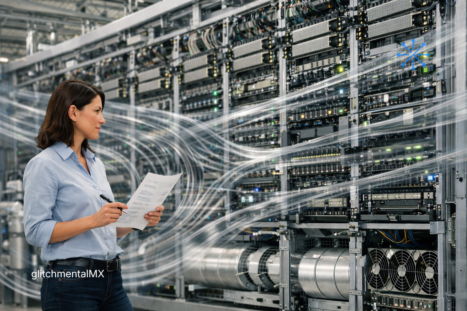 centros de datos IA 2026: ingeniera revisa documento frente a racks de servidores en operación