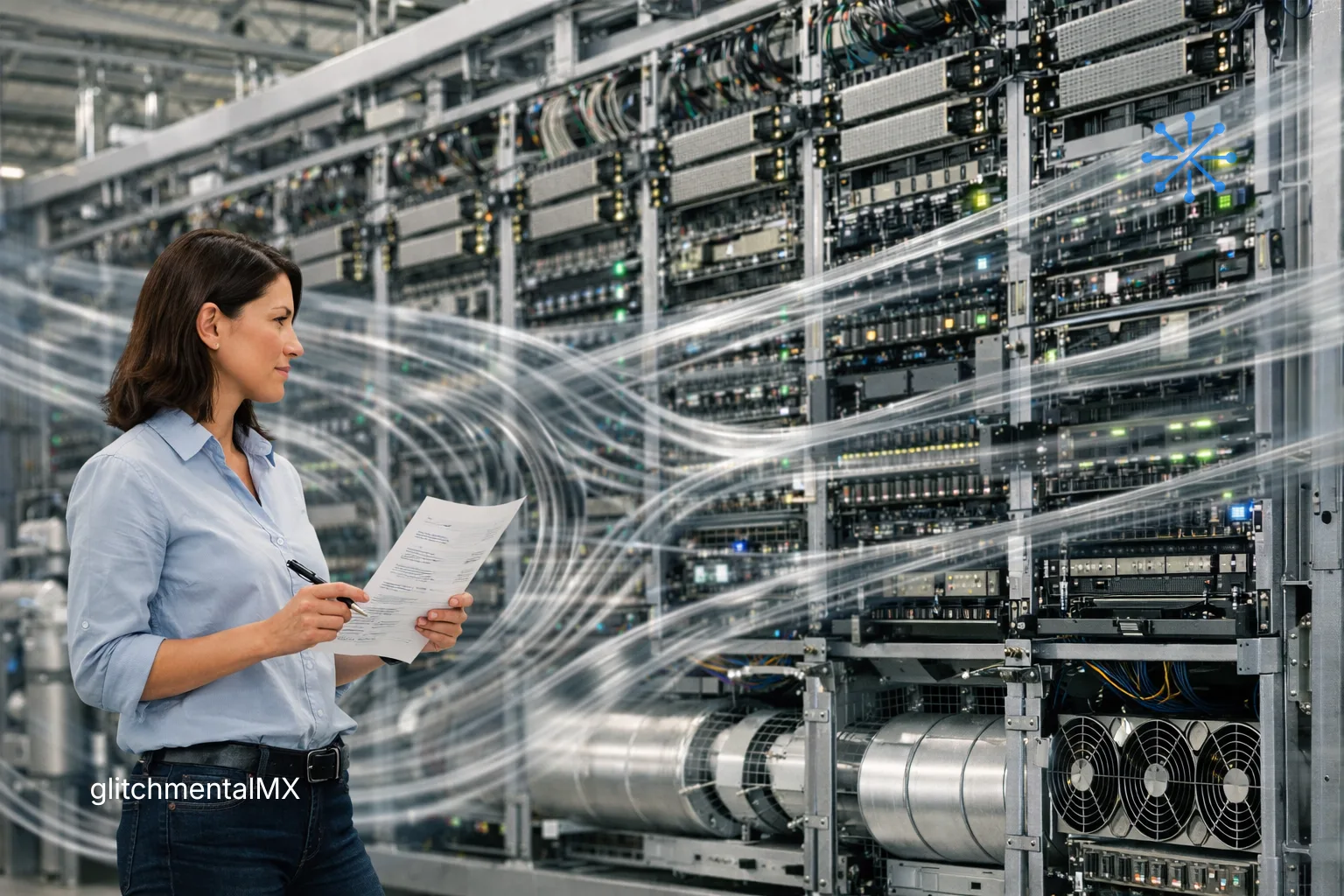 centros de datos IA 2026: ingeniera revisa documento frente a racks de servidores en operación