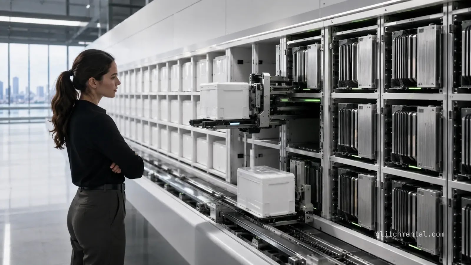 NVIDIA presenta chip Vera Rubin en CES 2026: ingeniera observa racks de servidores con módulos extraíbles
