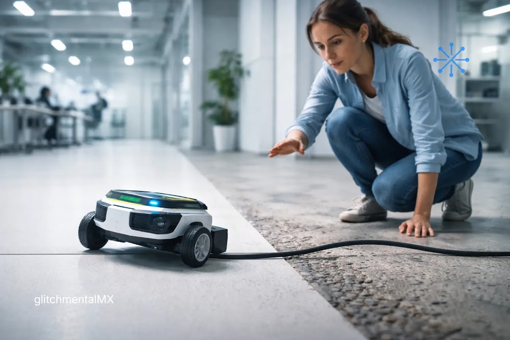 NVIDIA y Cadence: robot pequeño queda limitado por cable físico mientras mujer observa interacción