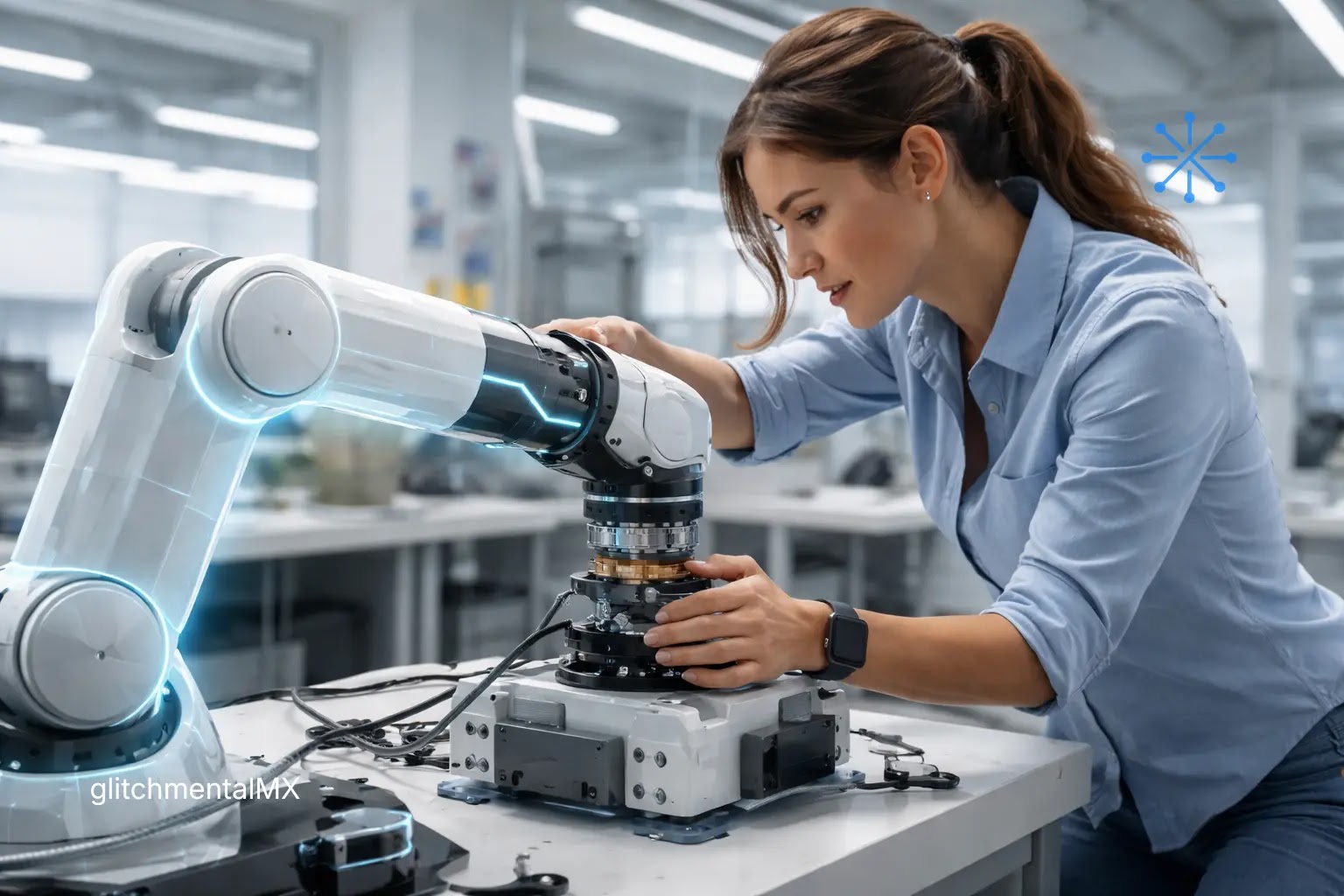 NVIDIA y Cadence: mujer ajusta brazo robótico en entorno real de laboratorio con ensamblaje físico