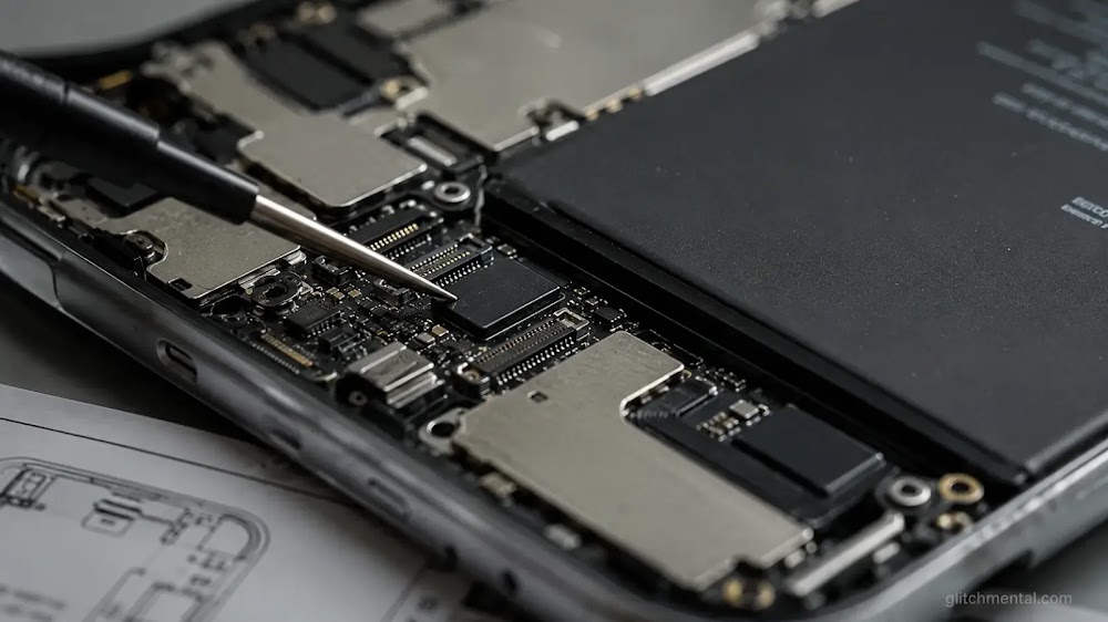 Obsolescencia programada: interior de dispositivo abierto con herramienta de precisión apuntando a componente específico en placa