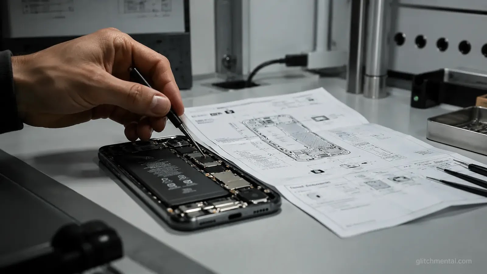 Obsolescencia programada: dispositivo abierto con componentes visibles y herramienta de precisión en mesa de laboratorio técnico