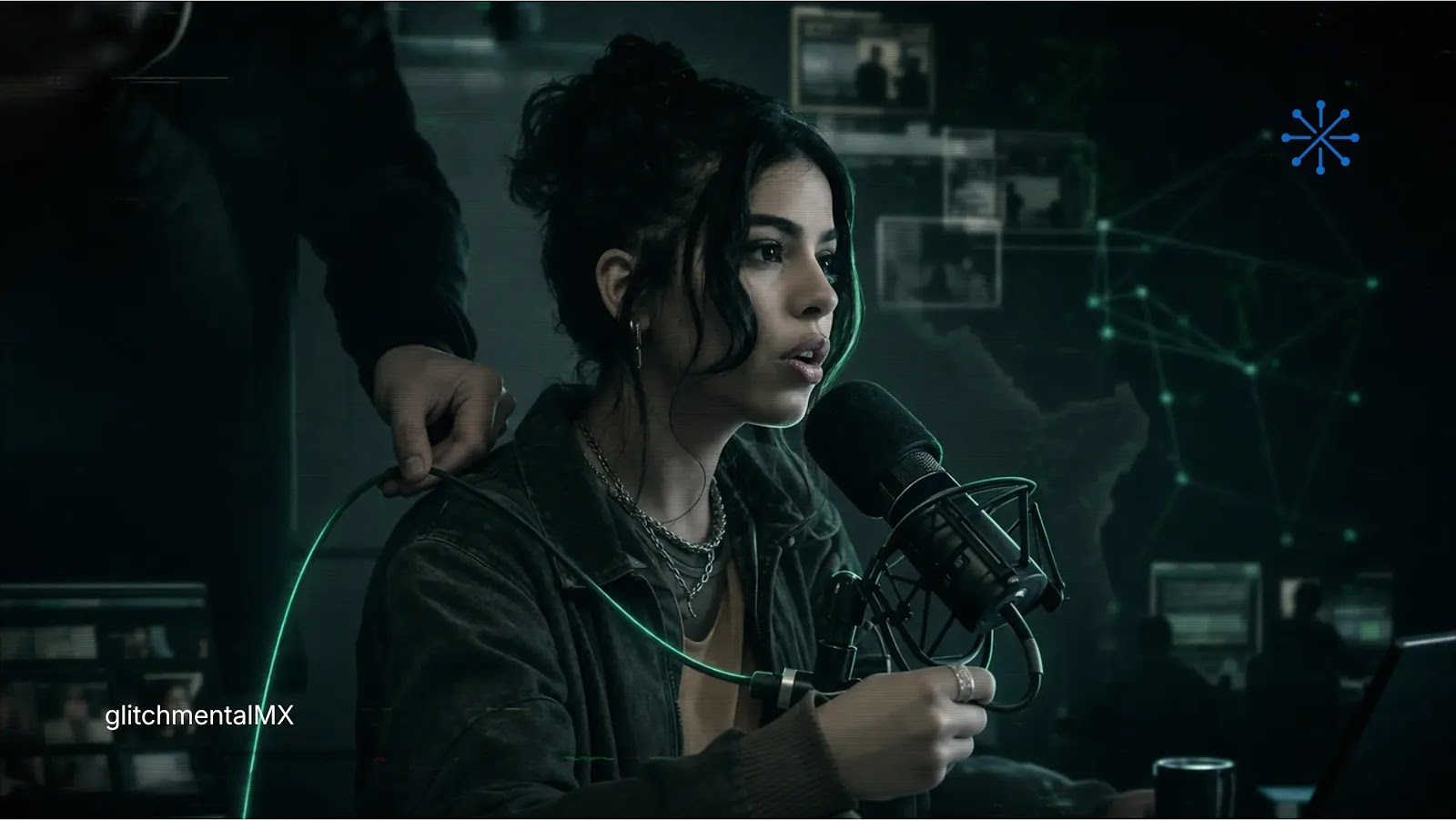 OpenAI compra TBPN: mujer hablando a micrófono mientras otra mano controla cable de audio