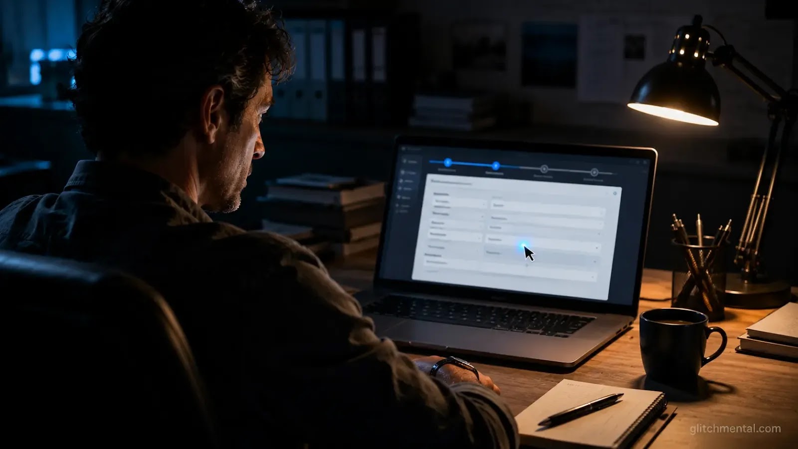 OpenAI Operator agente IA: hombre observa cursor completar formulario solo en escritorio de oficina
