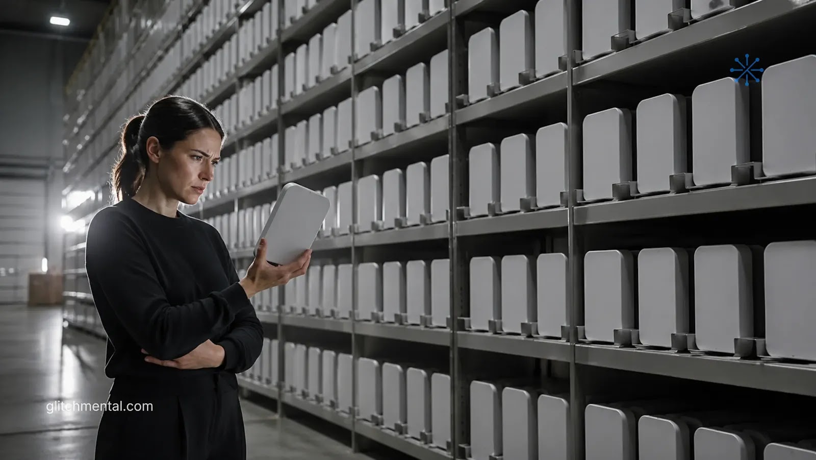 OpenAI necesita hardware: mujer analiza dispositivo en almacén lleno de unidades alineadas