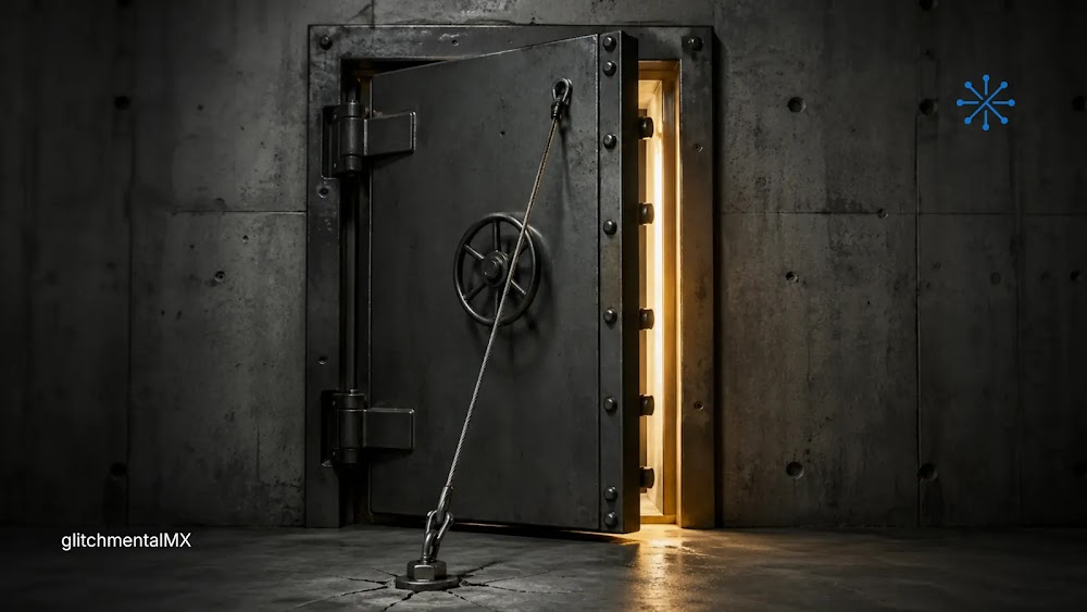 OpenAI GPT-5.5 alto riesgo: bóveda entreabierta con luz contenida por cable de seguridad