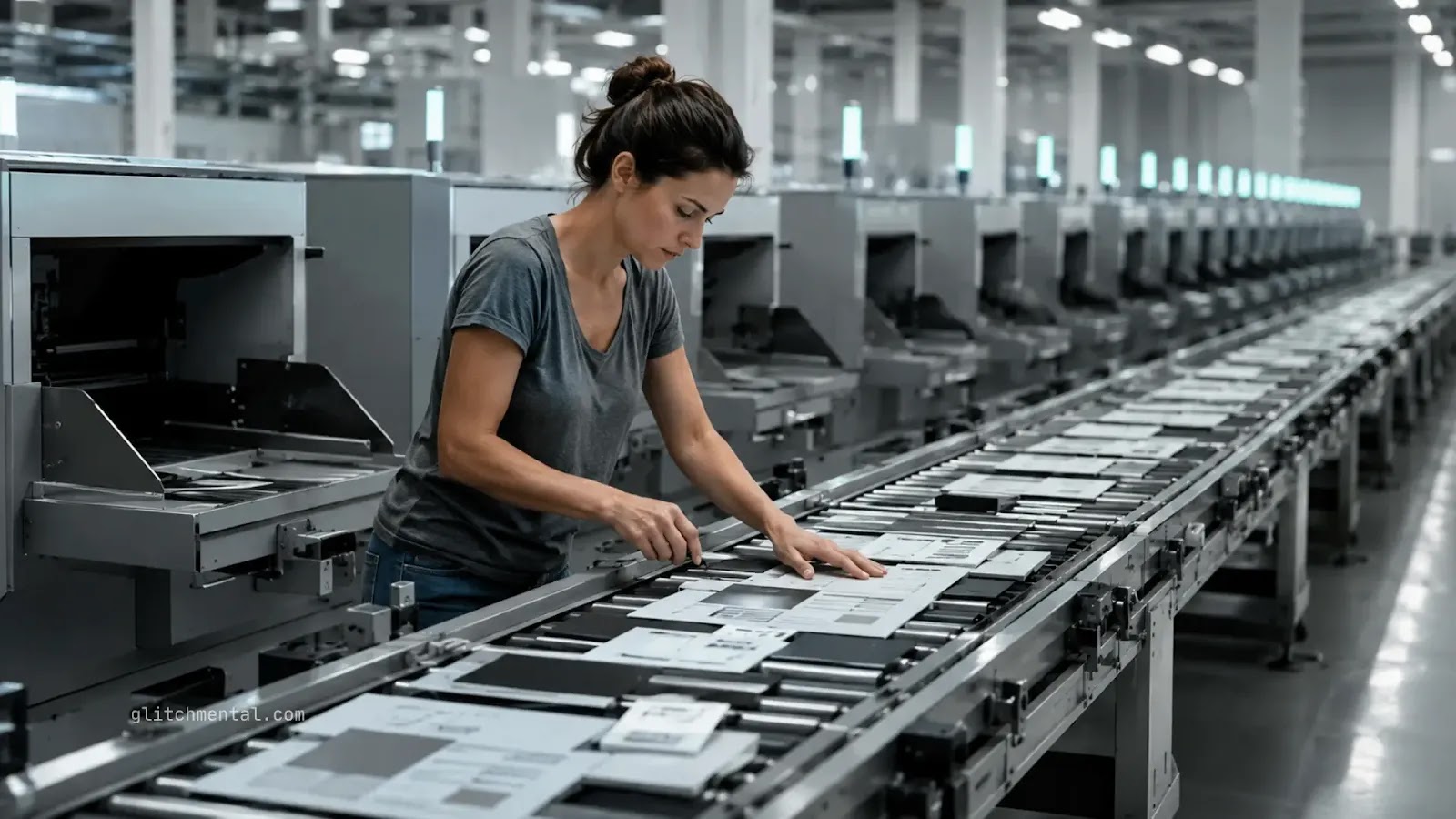 Operaria revisando documentos en línea de producción automatizada