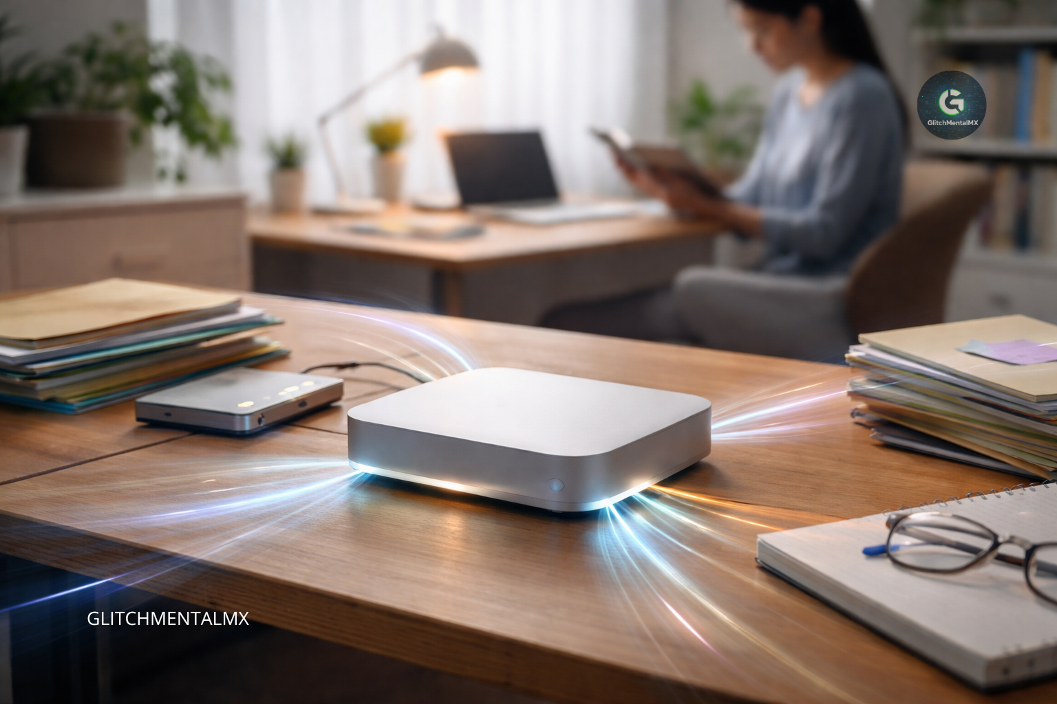 Tecnología hogar inteligente: dispositivo blanco con rayos de luz conectado en escritorio