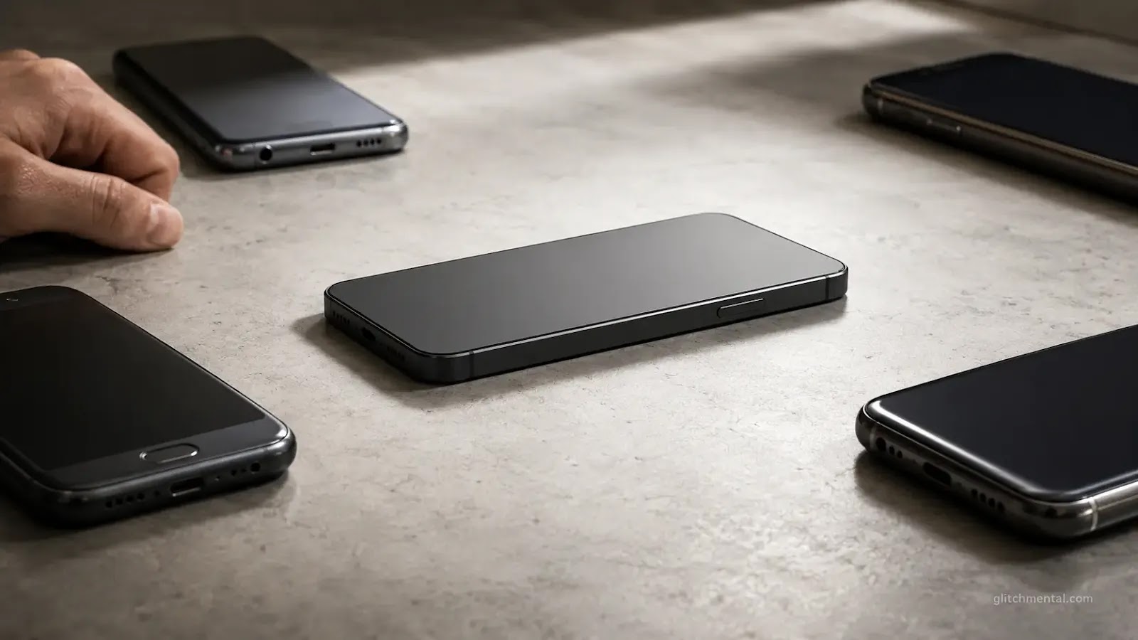 Pixel 10a soporte 7 años: smartphone plano sin marca sobre superficie técnica rodeado de dispositivos de generación anterior