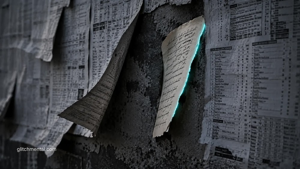Por qué escribí una novela: hoja manuscrita emergiendo entre documentos y datos pegados a una pared de concreto