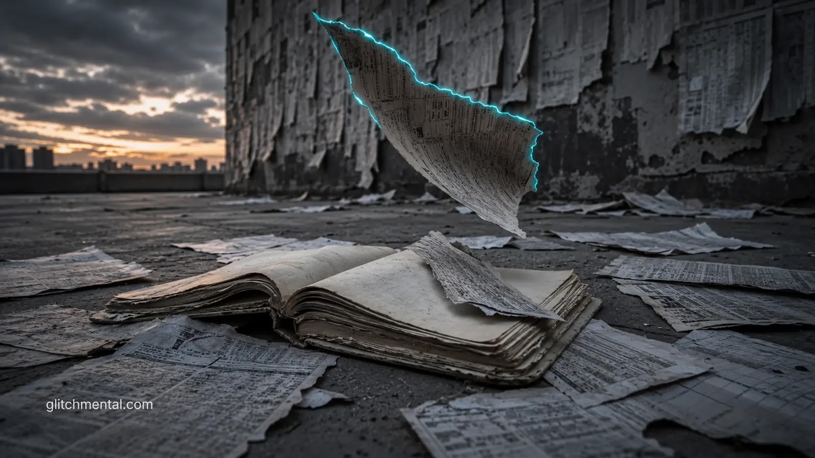 Por qué escribí una novela: libro abierto con página desprendida entre registros documentales documentos pegados en una pared