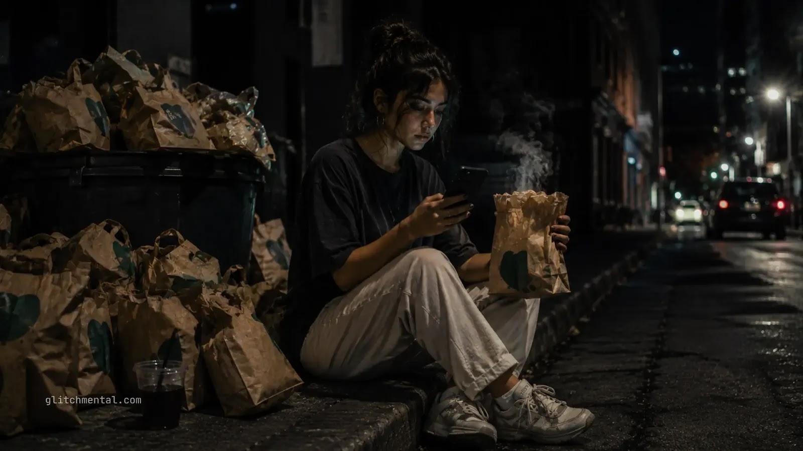 Joven revisa contenido ambiental en su teléfono mientras acumula bolsas de comida para llevar, reflejando consumo y activismo digital.