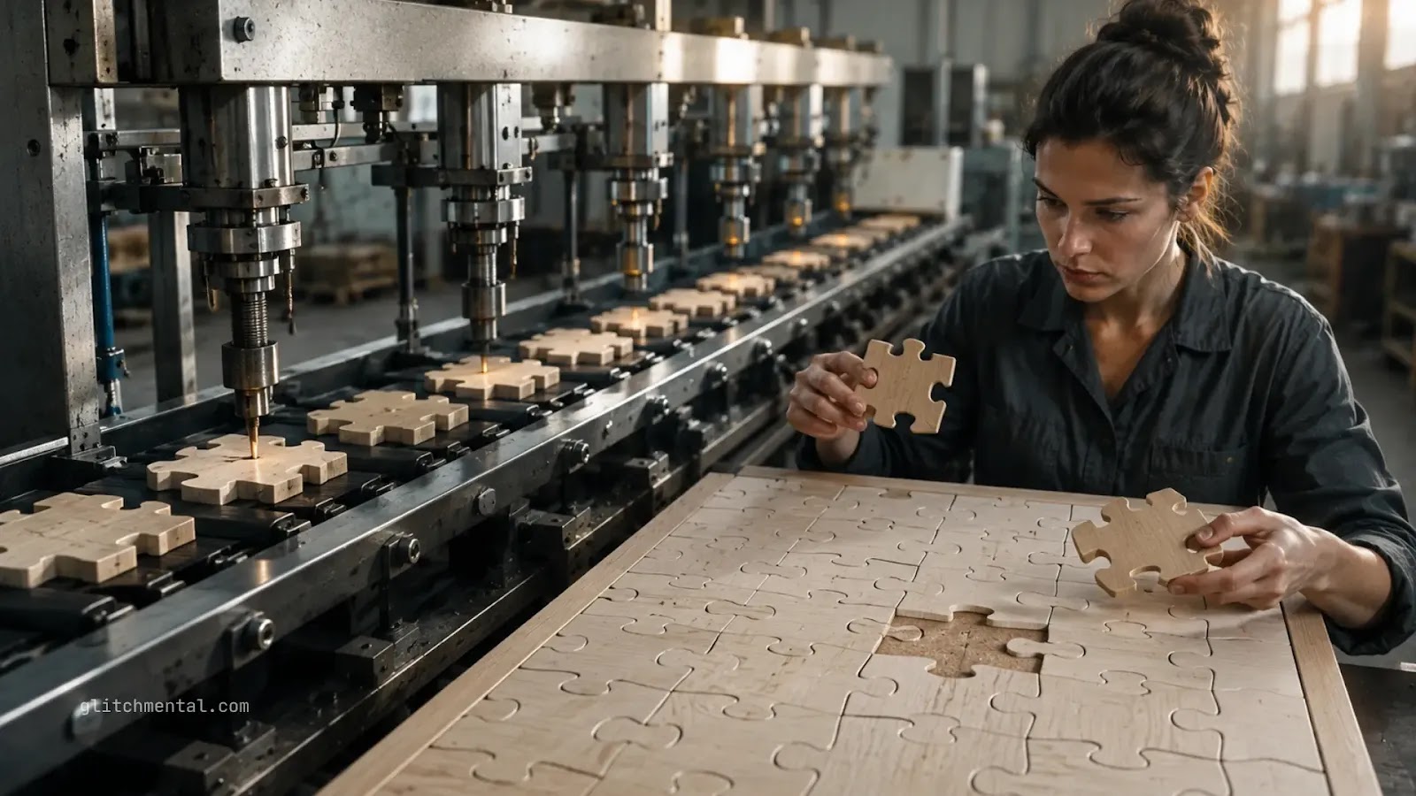 Mujer compara una pieza de rompecabezas incorrecta retirada por una máquina que rellenó un hueco con una forma plausible pero errónea.