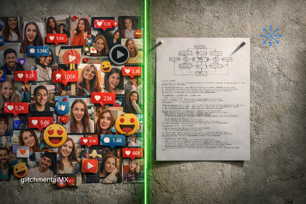 IA en redes vs real: collage de rostros con métricas sociales frente a documento técnico con diagrama de sistema