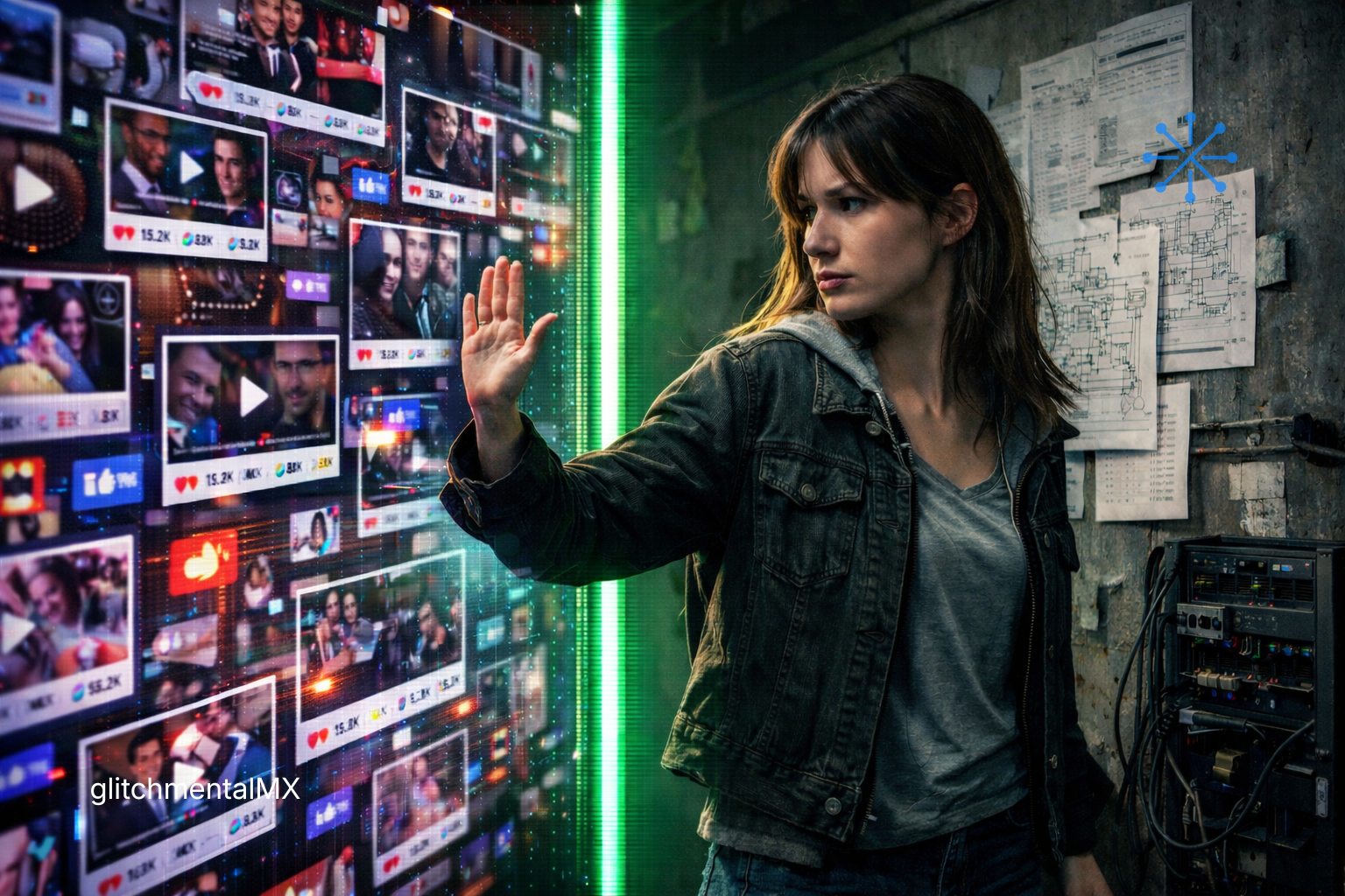 IA en redes vs real: mujer interactuando con muro de feeds sociales frente a equipo técnico y esquemas