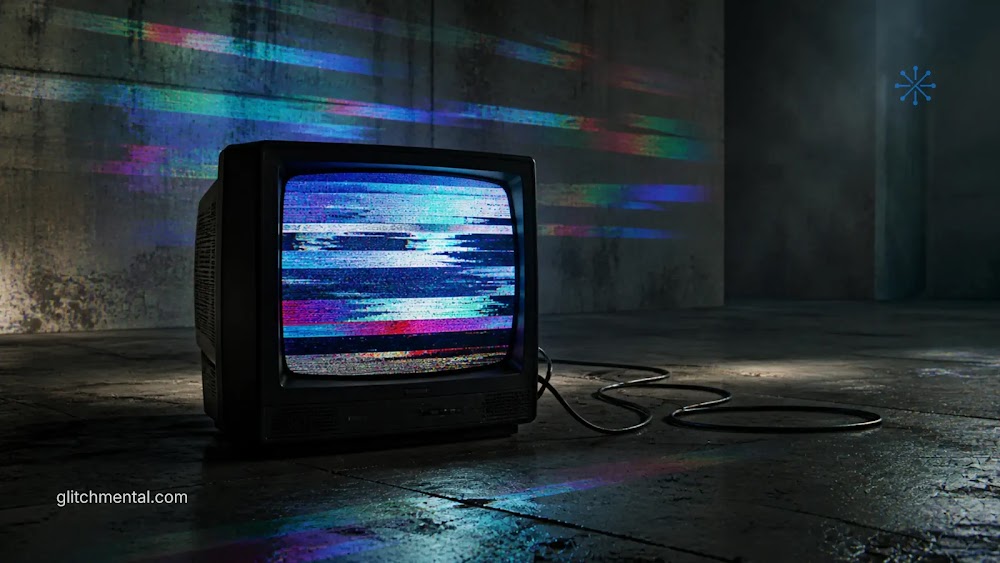 estética del glitch: televisor CRT en el suelo con interferencia digital y distorsión de señal analógica
