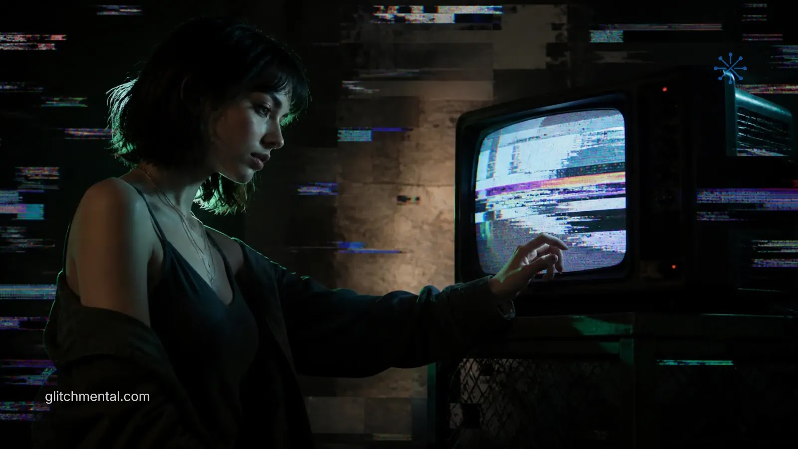 estética del glitch: mujer tocando pantalla CRT con distorsión luminosa y líneas de señal analógica