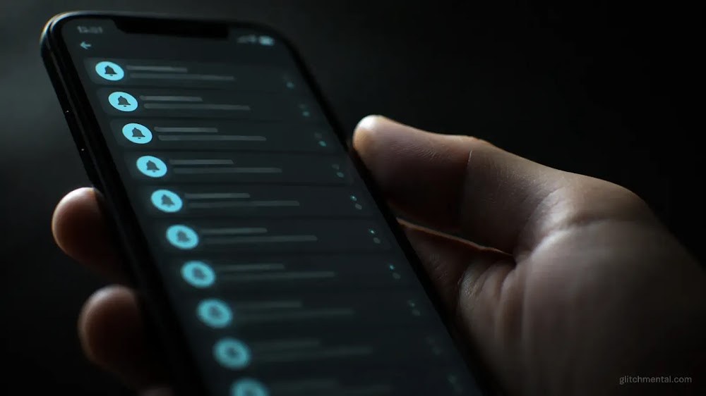 Relación parasocial: mano con smartphone, notificaciones repetidas en pantalla, luz lateral, fondo oscuro