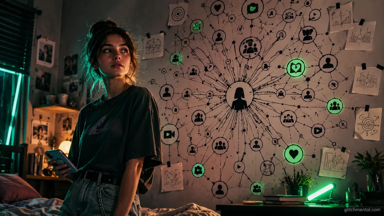Parasocial: mujer joven frente a diagrama de red en pared, nodos conectados, iluminación lateral neón
