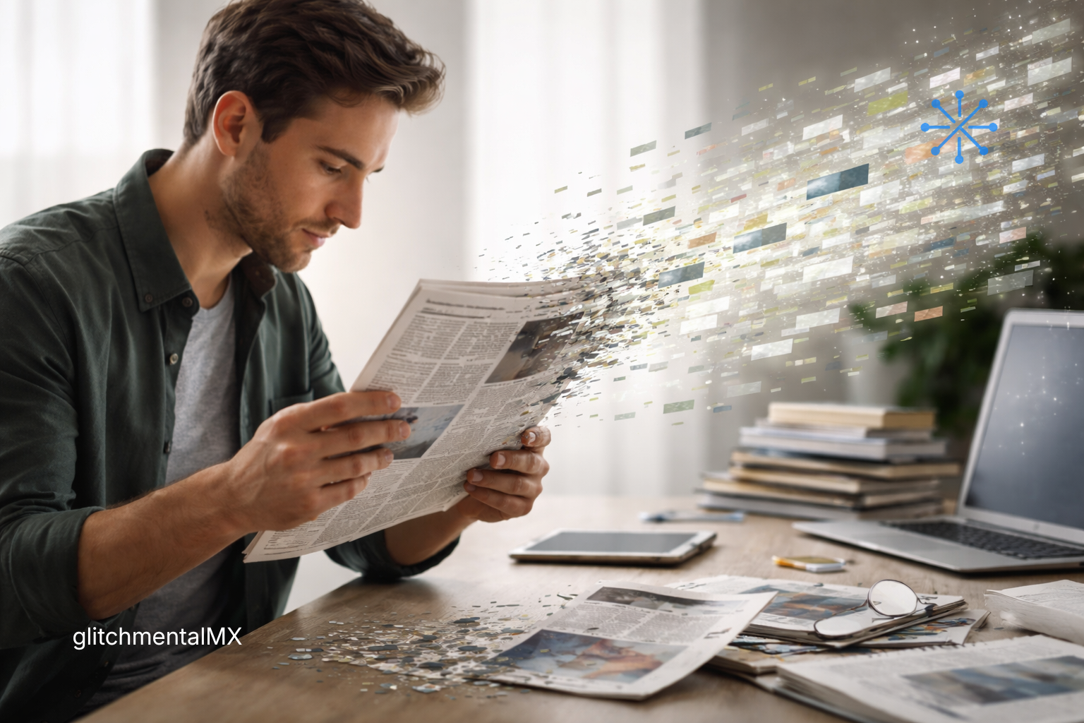 Contenido más corto y más rápido: hombre leyendo un periódico desintegrándose en fragmentos digitales mientras es leído