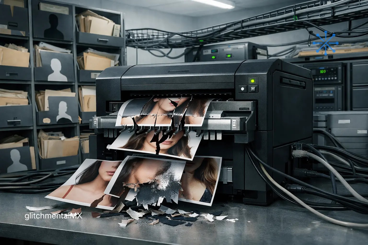 imágenes IA sexuales: impresora destruyendo fotografías fragmentadas en entorno de archivo