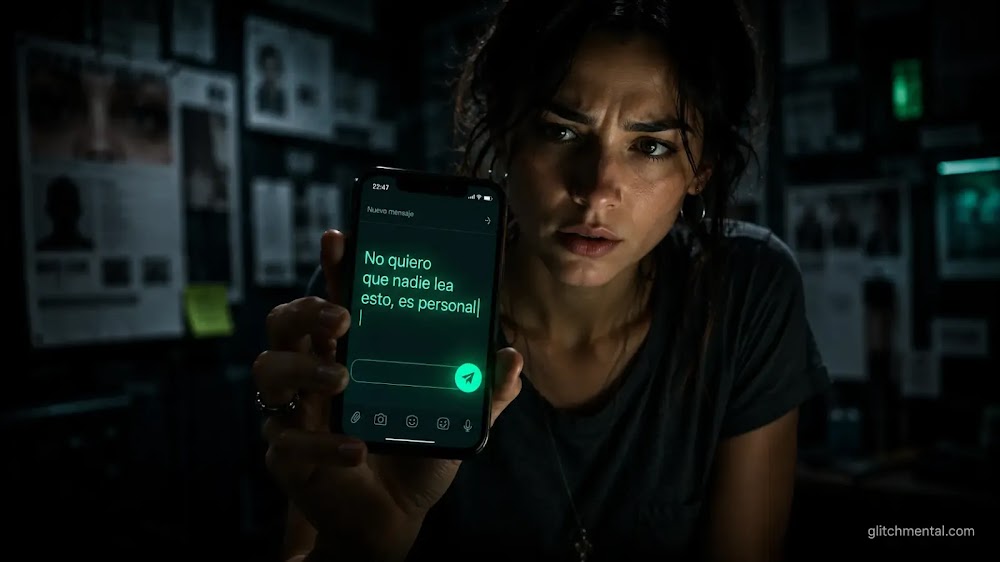 Mujer sostiene un celular con un mensaje visible al enviarlo, mostrando la falta de cifrado en una app de mensajería