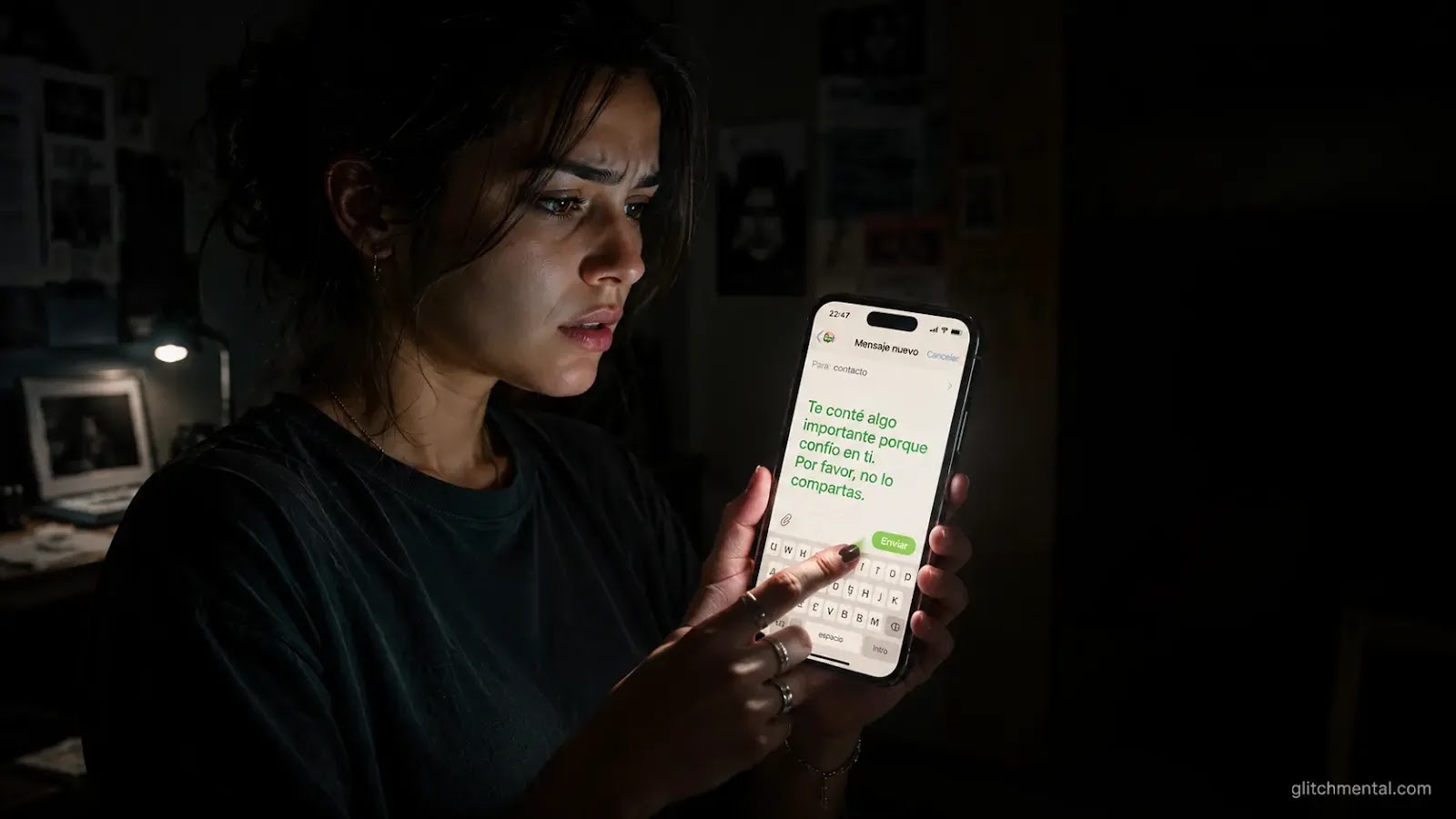 Privacidad mensajería 2026: mujer envía mensaje visible en pantalla sin cifrado