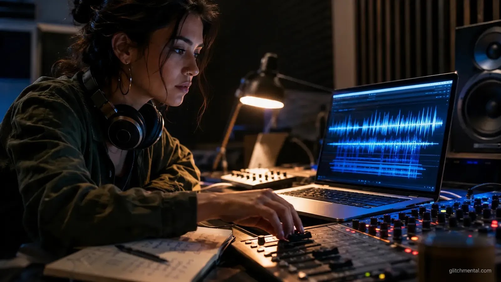 ProducerAI Google productor musical: mujer observa onda de audio generándose sola junto a mezcladora