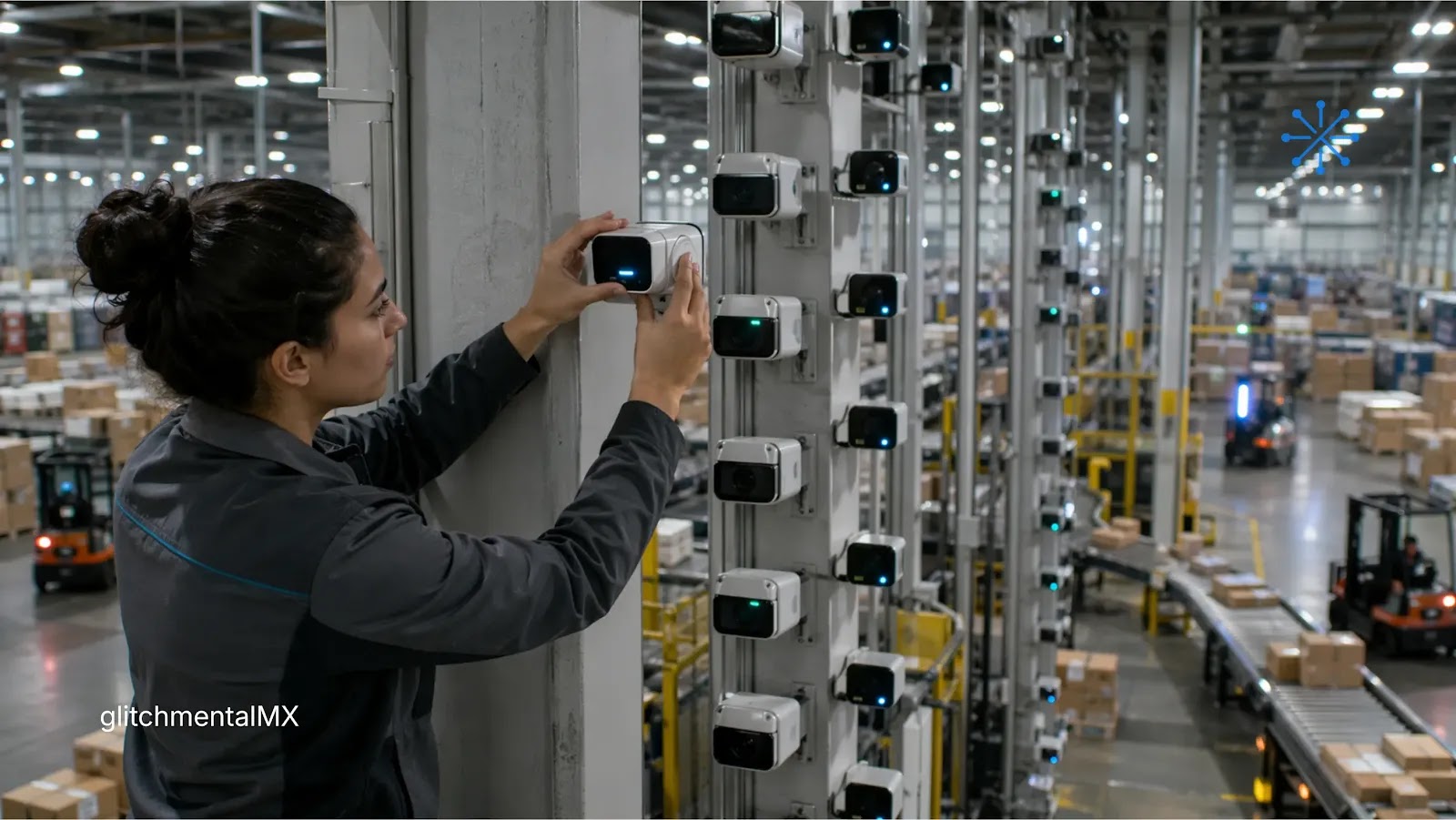 Project Prometheus: mujer instalando cámaras en almacén automatizado con robots y sensores