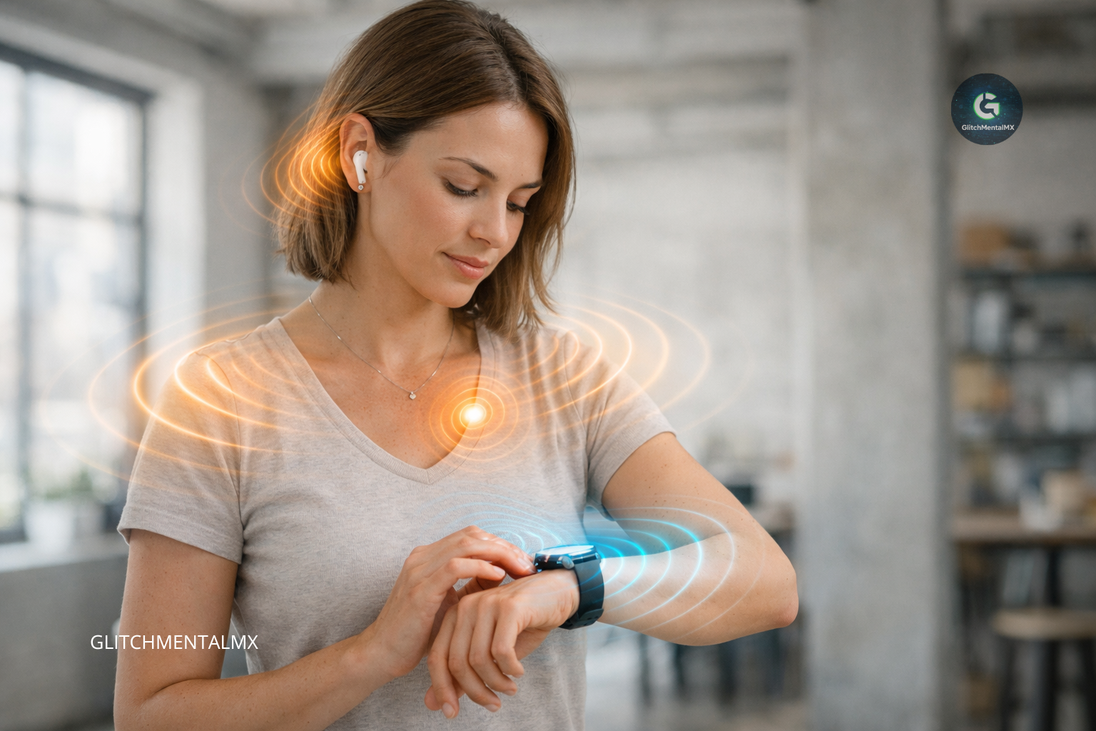 Wearables 2025: mujer con smartwatch y auriculares conectados por señales inalámbricas