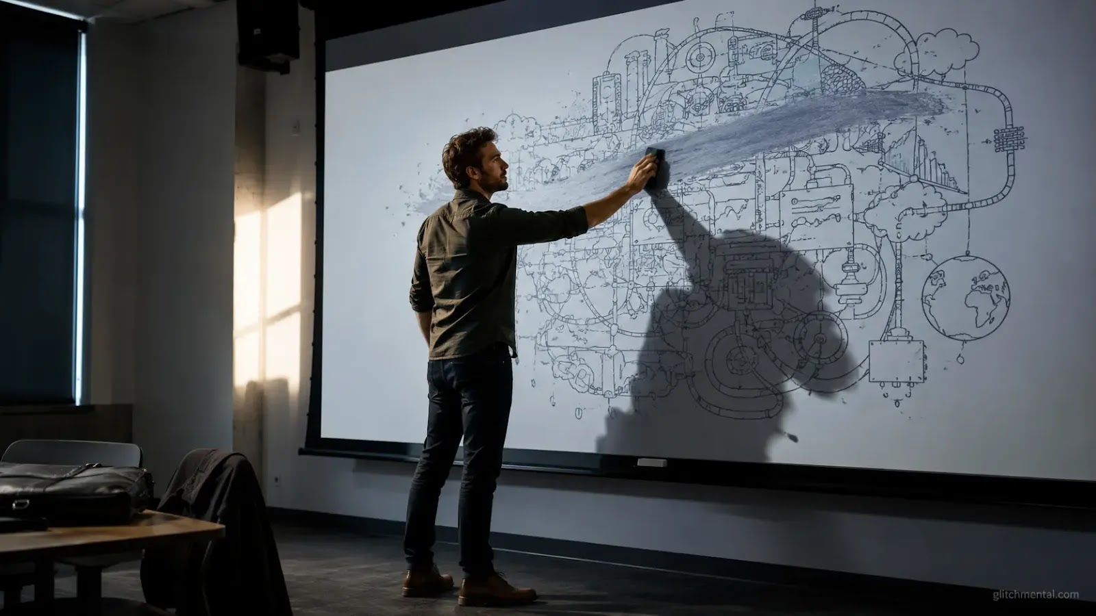 Inteligencia artificial qué es: hombre borrando diagrama en sala de presentación vacía, gesto deliberado, iluminación lateral institucional