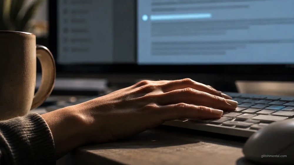 IA amenaza empleo 2026: mano femenina detenida sobre teclado con notificación corporativa abierta en pantalla al fondo