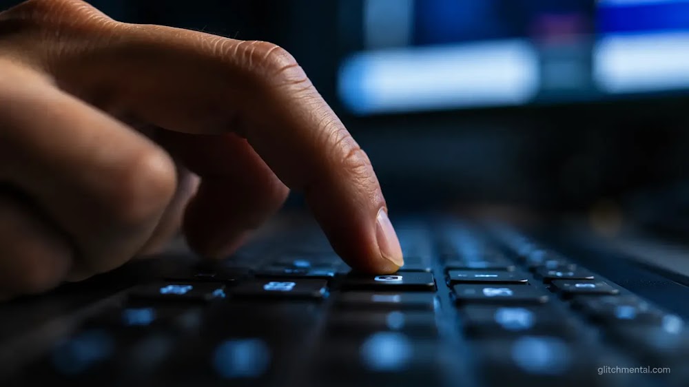 Qué IA usar: mano presionando tecla en primer plano, bokeh de múltiples pestañas de colores en monitor al fondo