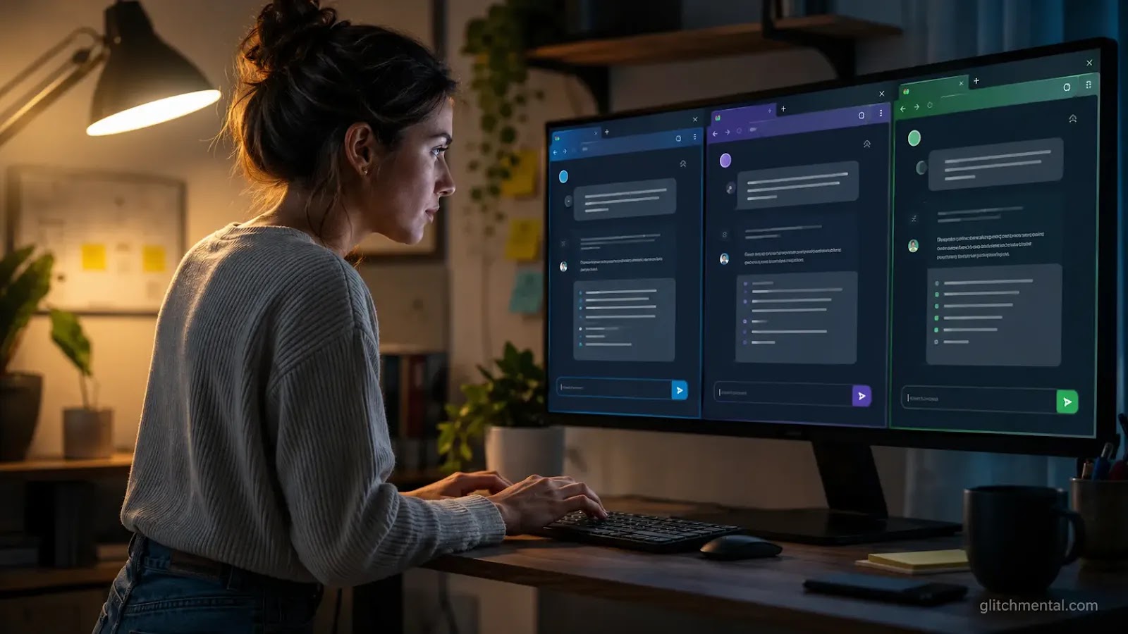 Qué IA usar: mujer de pie frente a monitor con múltiples pestañas de chat abiertas, postura activa, escritorio compacto
