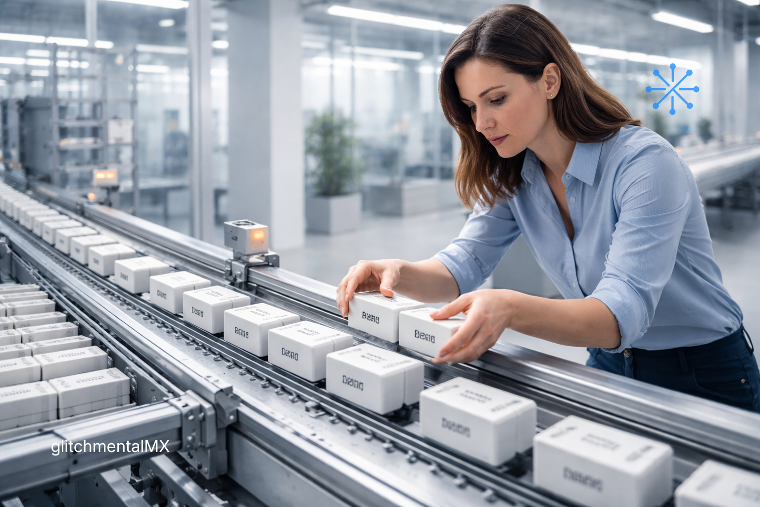 Qué significa “entender”: operaria ajusta cajas en línea de producción automatizada industrial