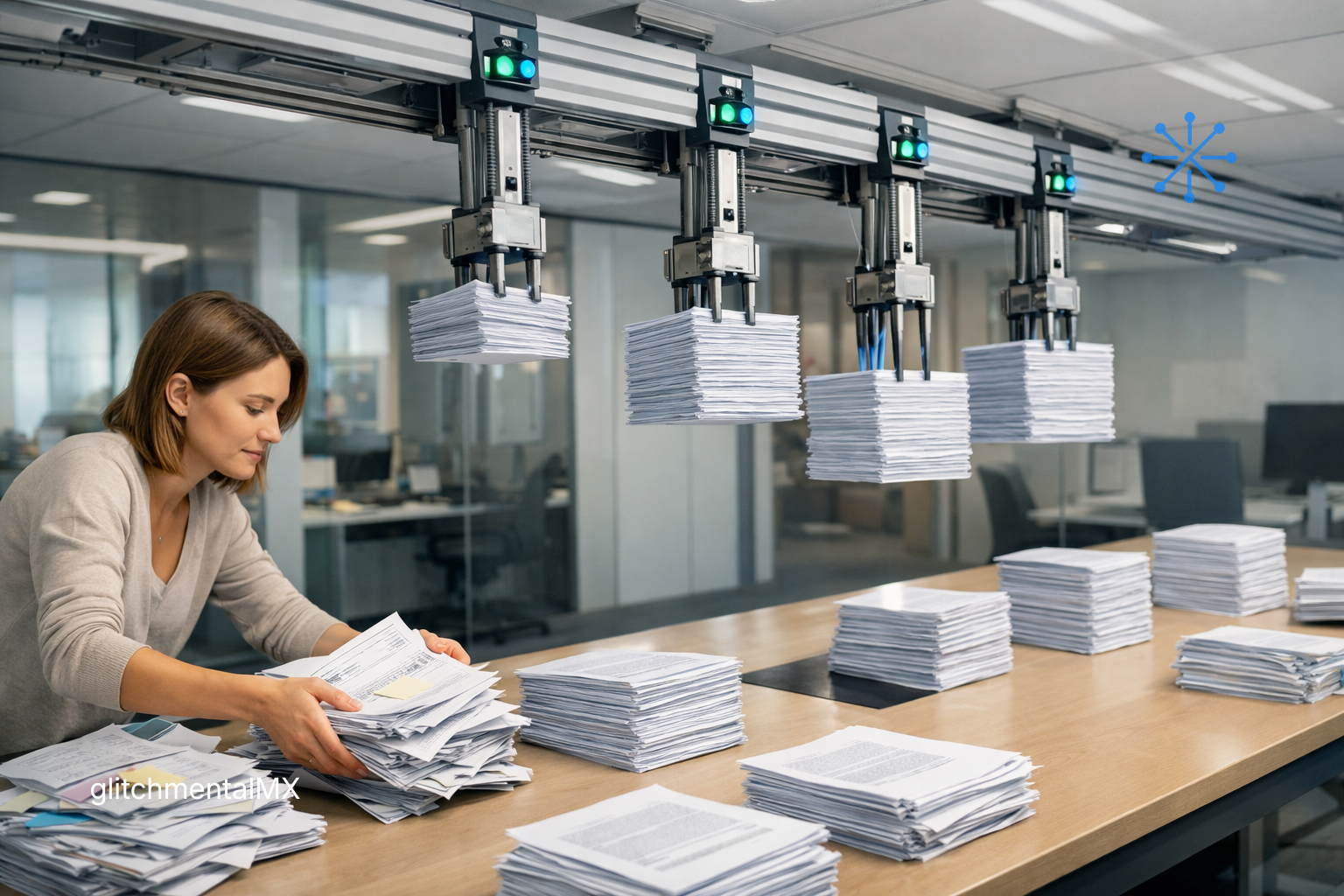 qué trabajos cambia la IA: brazos robóticos organizando pilas de documentos junto a trabajadora