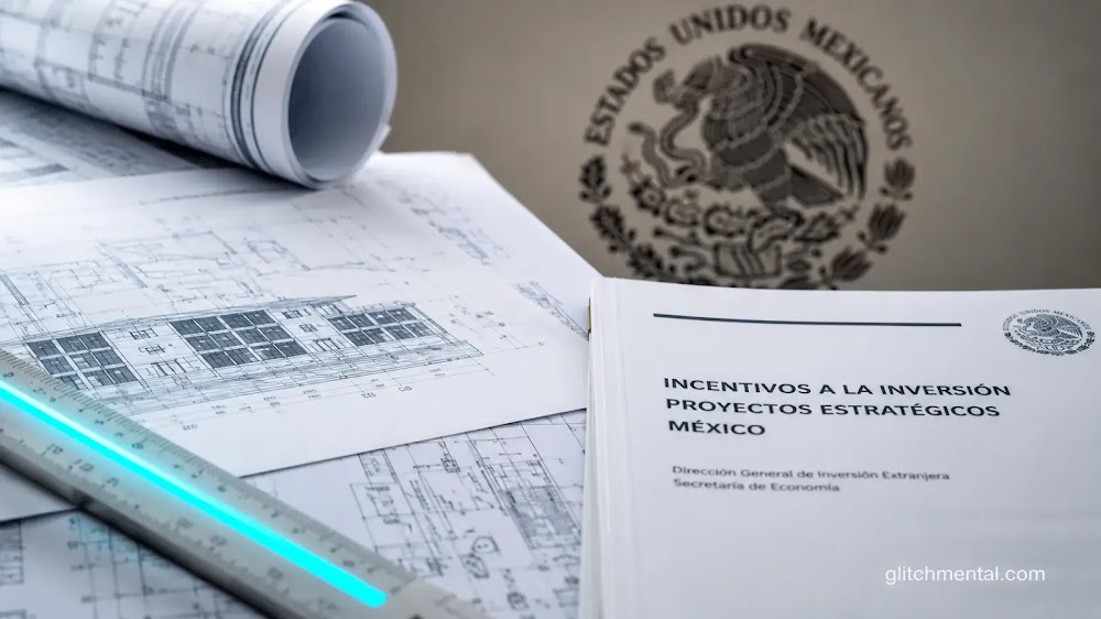 Planos arquitectónicos y documentos de incentivos fiscales sobre una mesa, referencia a la competencia entre estados por atraer inversión en IA.