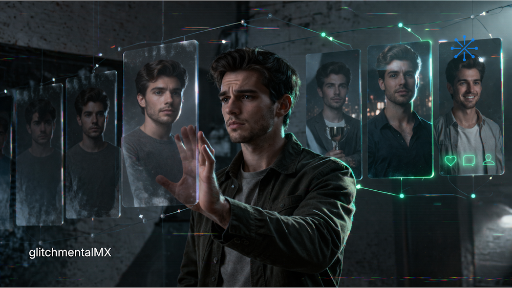 redes sociales y autoestima: hombre interactuando con perfiles digitales comparativos en interfaz