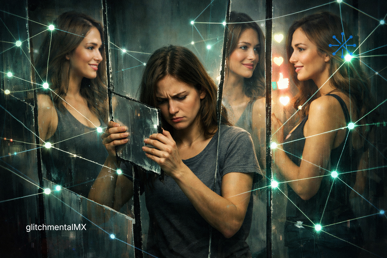 redes sociales y autoestima: mujer frente a espejo fragmentado con reflejos idealizados y métricas sociales